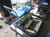 PALLET W/ CUMMINS INDUSTRIAL ROLL AROUND HYDRAULIC TABLE JACK, (2) MOVERS DOLLIES, AND STEP STOOL