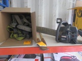 BOX W/ASSORTED LIFTING STRAPS, GREENLEE WIRE CUTTERS & CRAFTSMAN CHAINSAW (NON-OP)