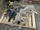 PALLET OF ASSORTED SAFETY HARNESSES, BELTS, ROOF ANCHORS & ROPE