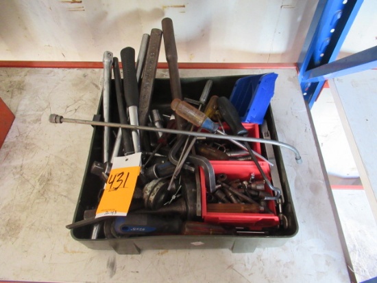 PARTS BIN OF ASSORTED HAND TOOLS AND SOCKETS