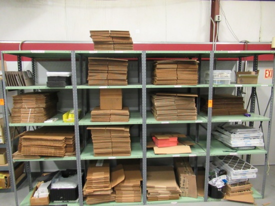 (4) SECTIONS OF METAL RACKING W/ASSORTED SIZE UNUSED CARDBOARD BOXES