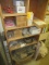 Wood cubby cabinet with contents