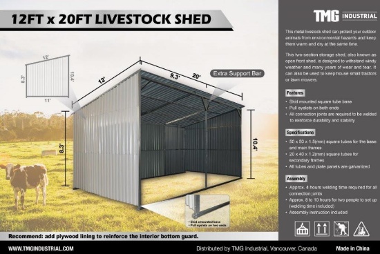 12' X 20' SKID MOUNTED LIVESTOCK SHED W/ PORTABLE SKID BASE (UNUSED IN CRATE)