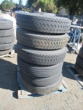 (6) 10R22.5 TIRES ON 10 LUG STEEL BUDD WHEELS