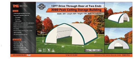 30' X 80' X 15' PEAK CEILING DOUBLE DOOR STORAGE BUILDING W/ COMMERCIAL FABRIC, WATERPROOF, UV AND