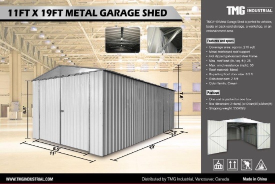 11' X 19' SINGLE GARAGE METAL SHED W/ BI-PARTING FRONT DOOR & SIDE DOOR (UNUSED IN CRATE)