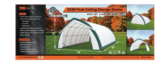 20' X 30' X 12' PEAK CEILING STORAGE SHELTER W/ COMMERCIAL FABRIC & ROLL UP DOOR (UNUSED IN CRATE)