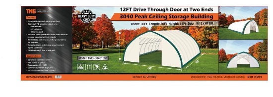 30' X 40' X 15' PEAK CEILING DOUBLE DOOR STORAGE BUILDING W/ COMMERCIAL FABRIC, WATERPROOF, UV AND