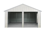 21' X 19' DOUBLE GARAGE METAL SHED W/ (2) 8'6'' FRONT DOOR OPENINGS (DOORS NOT INCLUDED), & SIDE