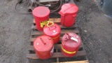 PALLET W/ (3) 5 GALLON ALUMINUM GAS CANISTERS & (2) 6 GALLON JUSTRITE WASTE CANS