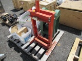 PALLET W/ ASSORTED HARDWARE, PARTS, INDUSTRIAL BLOWER (MISSING PARTS) & HYDRAULIC PRESS (MISSING