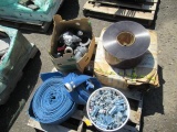 BUCKET OF ASSORTED STEEL CONDUIT FITTINGS, (2) HEAVY DUTY FIRE HOSE & BOX OF ASSORTED PVC PIPE