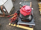 LOT W/ 12 GALLON SHOP VAC PAIR OF SAW HORSES, HOSE RACK & BOLT CUTTERS