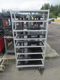 ALUMINUM ROLLING RACK W/ PLASTIC TRAYS