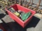 RED TOTE BIN W/ (2) COLEMAN PROPANE HEAD LAMPS, BUCKET OF ASSORTED SCREWS, NUTS, BOLTS, FITTINGS,