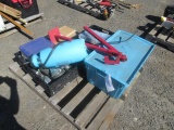 CRATE W/ CART WHEELS, 2.25 GALLON SPRAYER W/ WAND, PAINTERS BLANKETS, SPRINKLER HEADS & ASSORTED