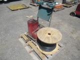 PALLET W/ SPOOL OF CABLE, (2) GAS CANS & URGO CART