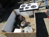 CRATE W/ ELECTRIC STOVE TOP, PRESSURE COOKER, POTS & MISC.