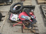 PALLET W/ JUMPER CABLES, TIRE CHAINS, RECEIVER HITCH, JACKS, KINGS TIRE 110/90-19 PADDLE TIRE &