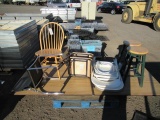 (2) FOLDING TABLES, (4) WOOD CHAIRS, (2) STOOLS