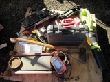 PALLET W/CORDLESS TOOLS, JACKS, BLOWER, TOOLBOX, NYLON STRAP, SCANTOOL, AXE, CHARGER, MISC TOOLS, &