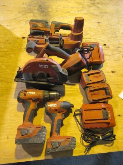 ASSORTED HILTI CORDLESS TOOLS - CIRCULAR SAW, BANDSAW, DRILLL, 1/4'' IMPACT W/ CHARGERS & BATTERIES