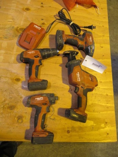 ASSORTED HILTI CORDLESS TOOLS - (2)1/4'' IMPACT DRIVERS, DRILL, & RECIPROCATING SAW W/ BATTERIES &