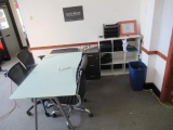 GLASS TOP DESK W/(3) CHAIRS, FILE CABINET & SHELF