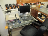 DESK W/GLASS TOP, COMPUTER MONITOR & CASH BOX