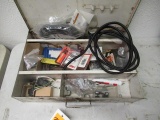METAL BOX W/ASSORTED WIRE LOOM, BATTERY TERMINALS