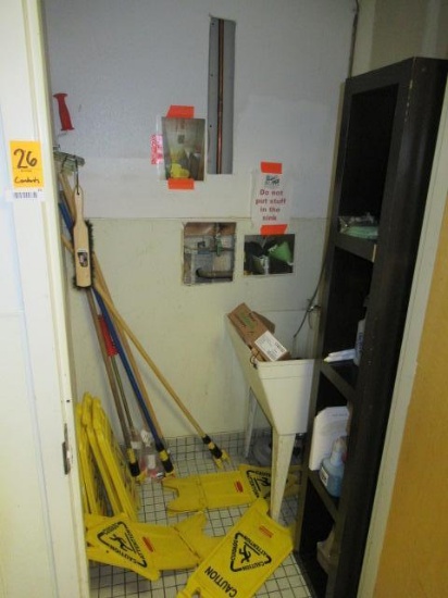 CONTENTS OF ROOM - ASSORTED CLEANING SUPPLIES & WET FLOOR SIGNS