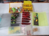 Green tote of assorted fishing lures