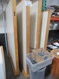 4 peg board approx 4' x 4' displays w/bucket - and tote of hooks