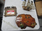 Model ship, wood slab & photo frame