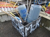 PLASTIC CRATE W/ASSORTED TRASH CANS & BROOMS