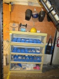 METAL CABINET W/ASSORTED HARDWARE & ASSORTED TOOLS ON WALL