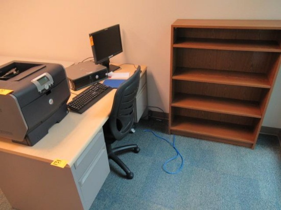 METAL DESK W/WOOD TOP, BOOKCASE & OFFICE CHAIR