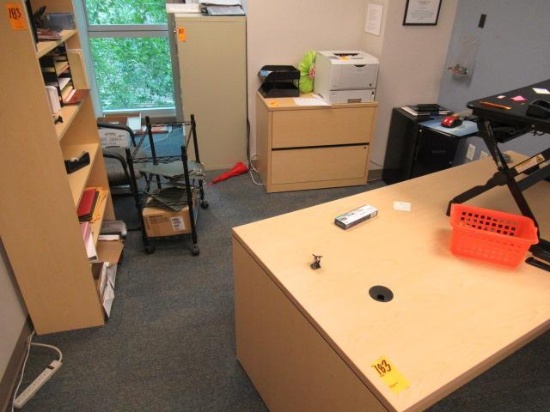 (2) WOOD DESKS, 2 DRAWER WOOD FILE CABINET, BOOKCASE, FOLDING TABLE & ASSORTED CHAIRS