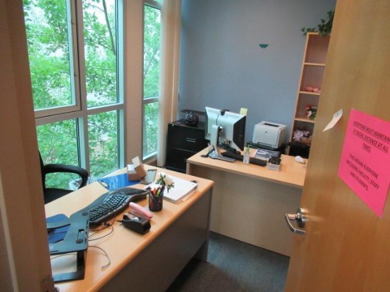CONTENTS OF ROOM - (2) DESKS, BOOKCASE, CHAIRS, DELL MONITOR & HP PRINTER