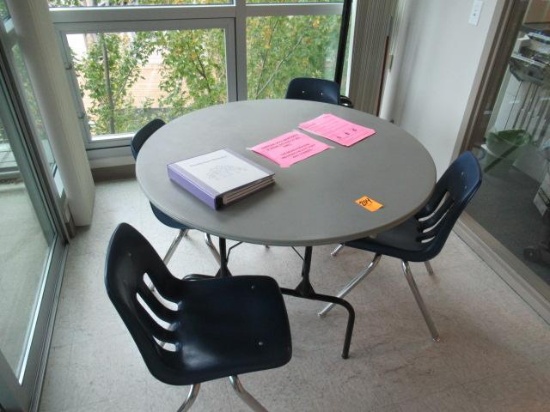 (4) ROUND FOLDING TABLES W/(12) PLASTIC CHAIRS