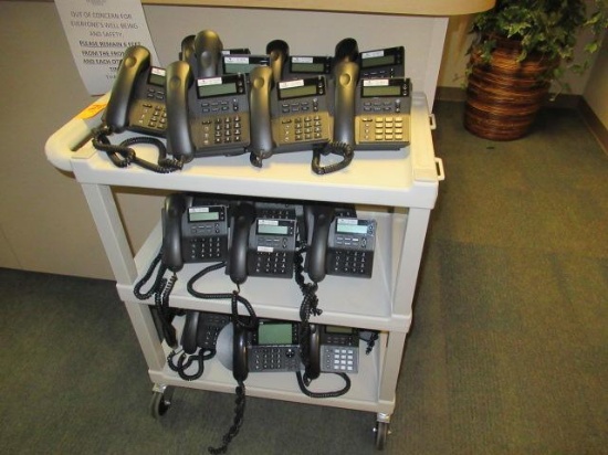 3 SHELF CART W/ASSORTED OFFICE PHONES