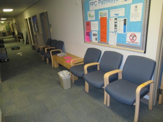 (6) UPHOLSTERED CHAIRS, BOOKCASE & TABLE