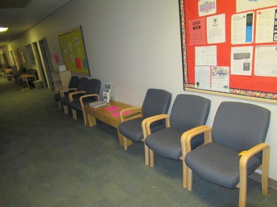 (6) UPHOLSTERED CHAIRS, BOOKCASE & TABLE
