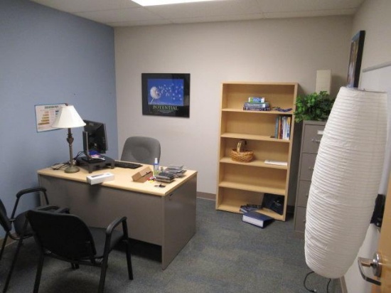 CONTENTS OF OFFICE - DESK, CHAIRS, BOOKCASES, FILE CABINET & DELL MONITOR