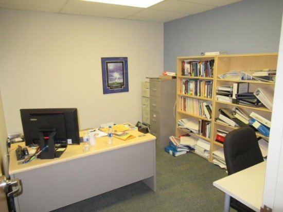 CONTENTS OF OFFICE - DESKS, CHAIRS, BOOKCASES, FILE CABINETS & LENOVO MONITOR