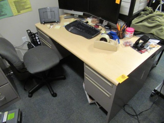 METAL DESK W/WOOD TOP & WOOD CABINET