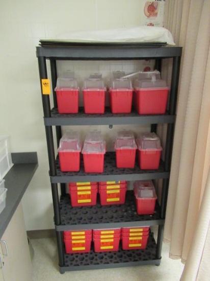PLASTIC SHELF W/ BIOHAZRD CONTAINERS