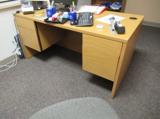 WOOD DESK, TWO DRAWER WOODEN FILE CABINET & ROLLING CHAIR