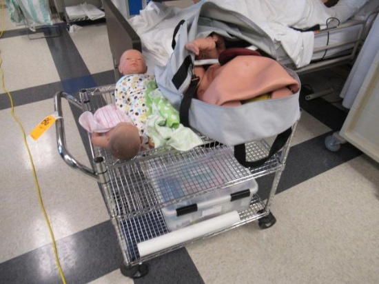 3 SHELF ROLLING METRO CART W/ASSORTED MEDICAL SIMULATOR MANIKINS