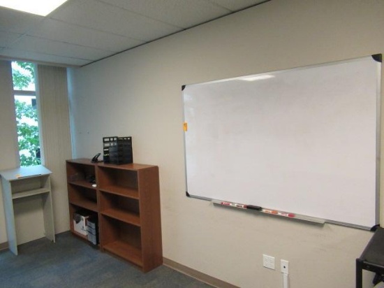DRY ERASE BOARDS, (2) BOOKCASES & PODIUM